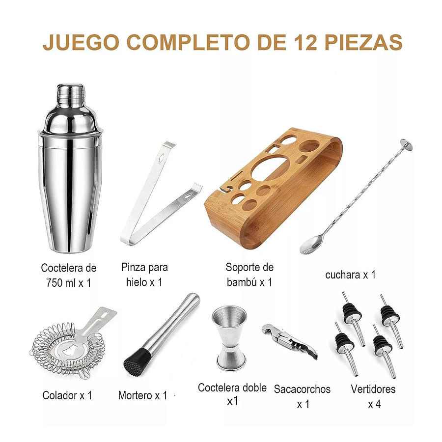 Kit De Utensilios De Coctelería C/coctelera De 750ml, 12 Pzs Agregar a favoritos