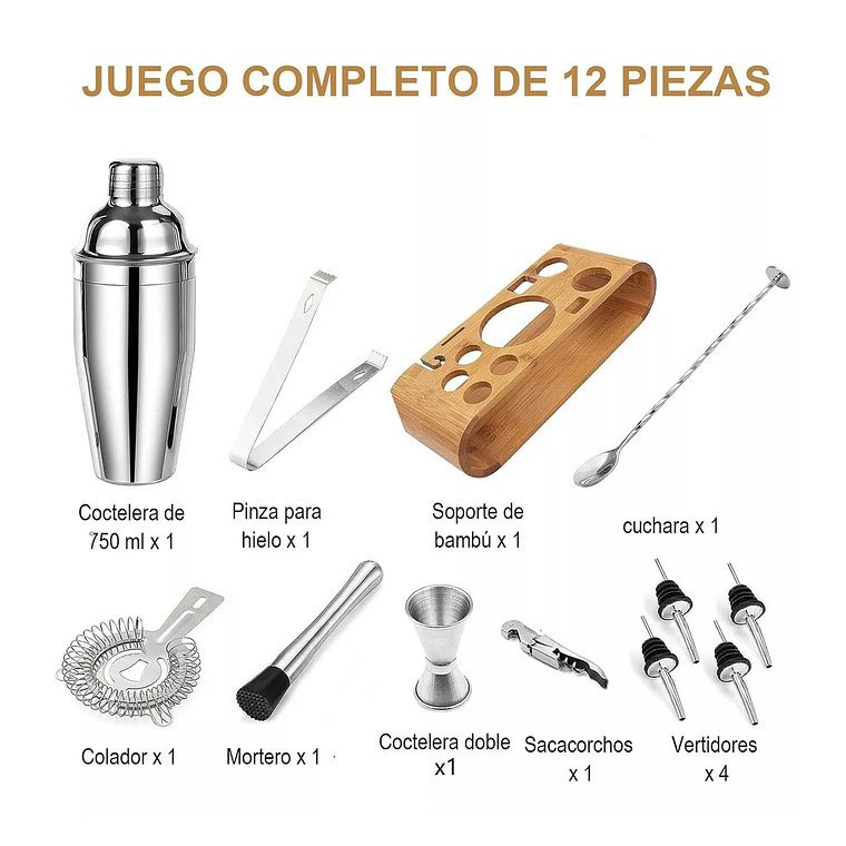 Kit De Utensilios De Coctelería C/coctelera De 750ml, 12 Pzs 2
