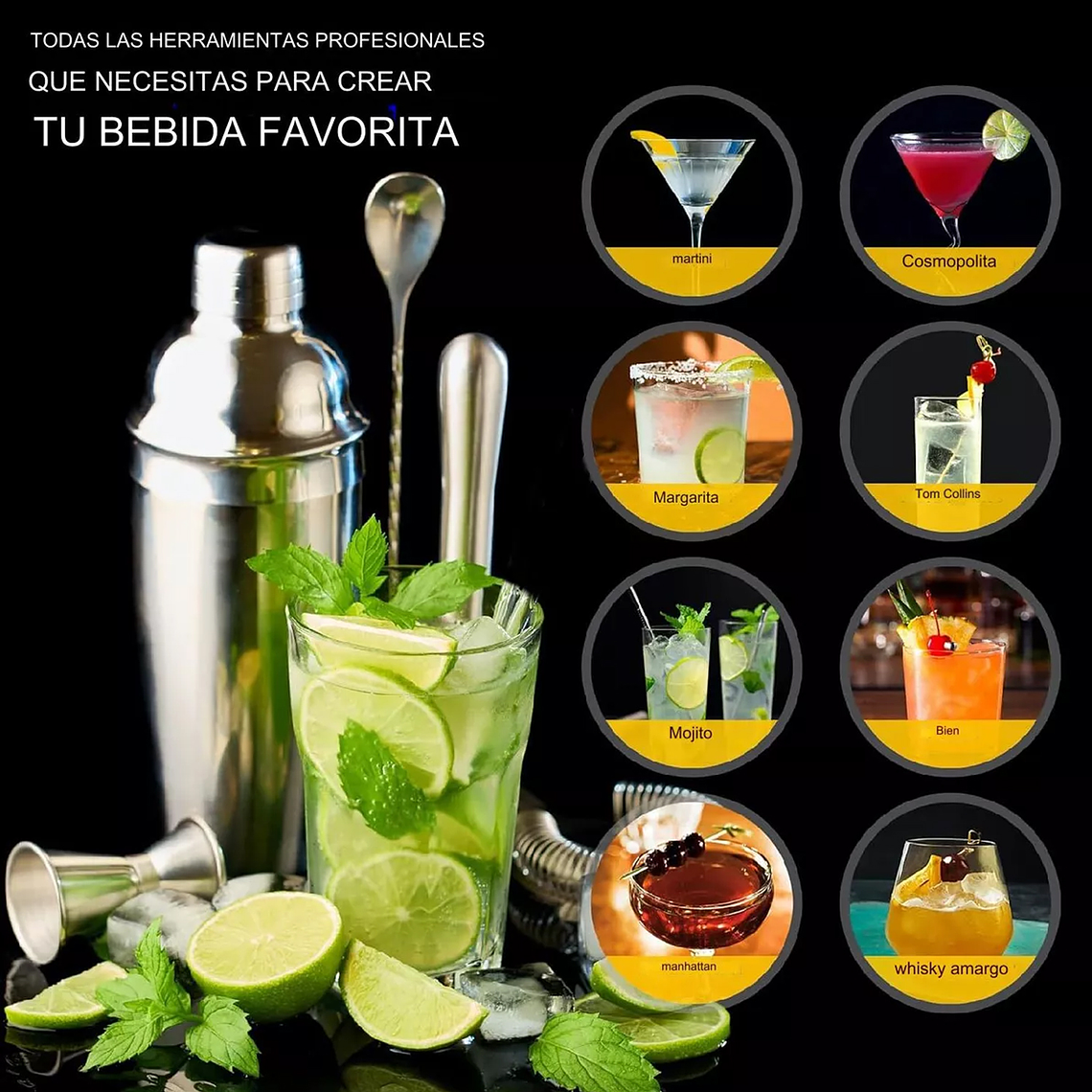 Kit De Utensilios De Coctelería C/coctelera De 750ml, 12 Pzs 3