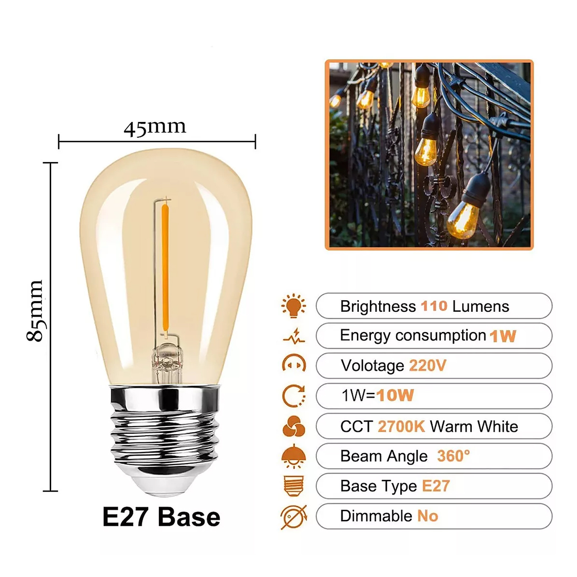 Pack 10 Ampolleta Led Vintage E27 / 1w 220v Luz Cálida 2