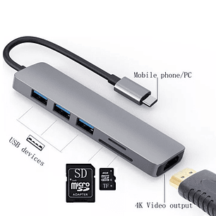 Adaptador Usb Hub Hdmi Tipo C 3 X Usb 3.0 6en1