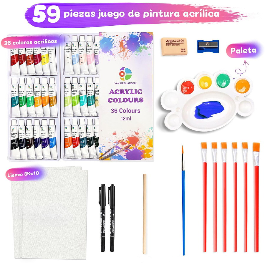 Kit De Pintura 59 Pzs Pintura Acrílica, Pinceles, Paleta