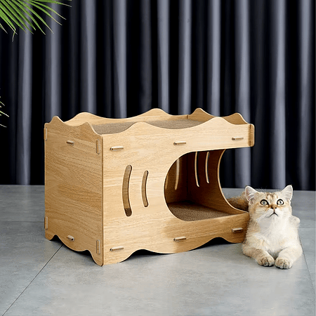 Cama Casa De Madera Para Gatos Con Rascador Interno