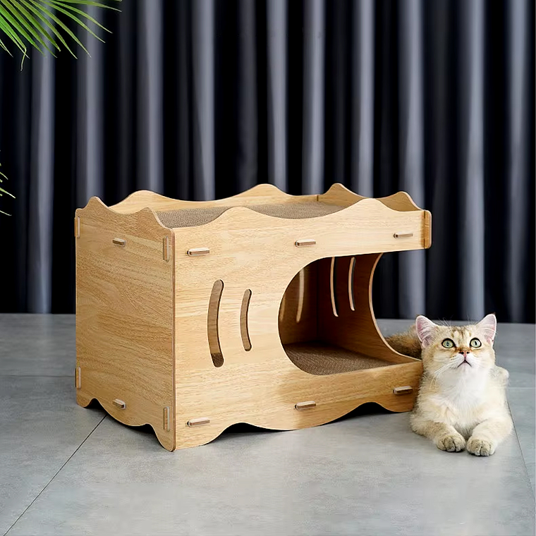 Cama Casa De Madera Para Gatos Con Rascador Interno 1