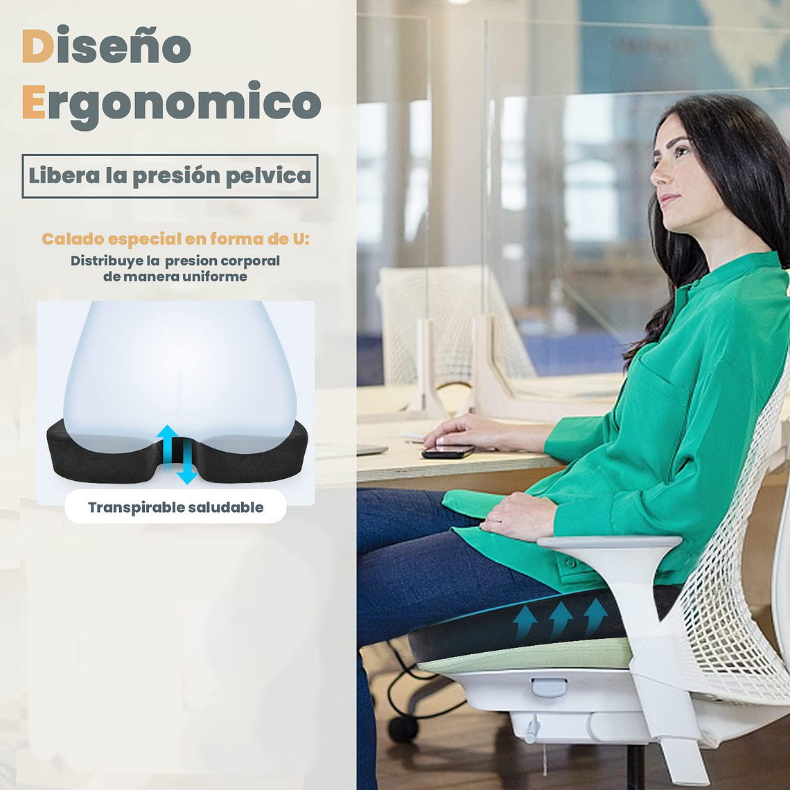 Cojín Asiento Memory Foam Y Gel Ortopédico Coxis Ergonomico 3