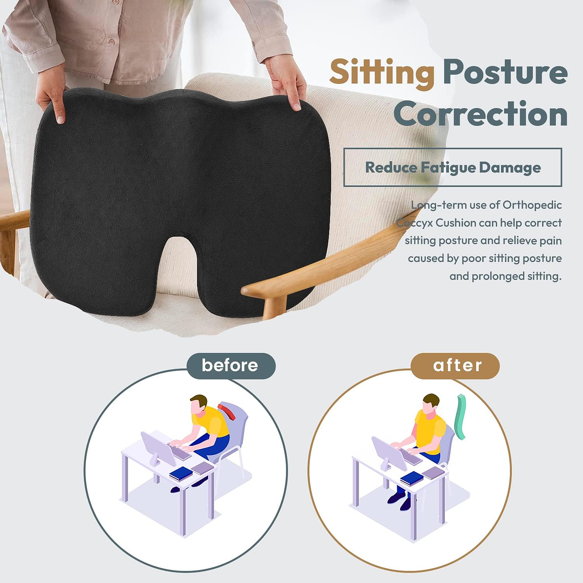 Cojín Asiento Memory Foam Y Gel Ortopédico Coxis Ergonomico 4