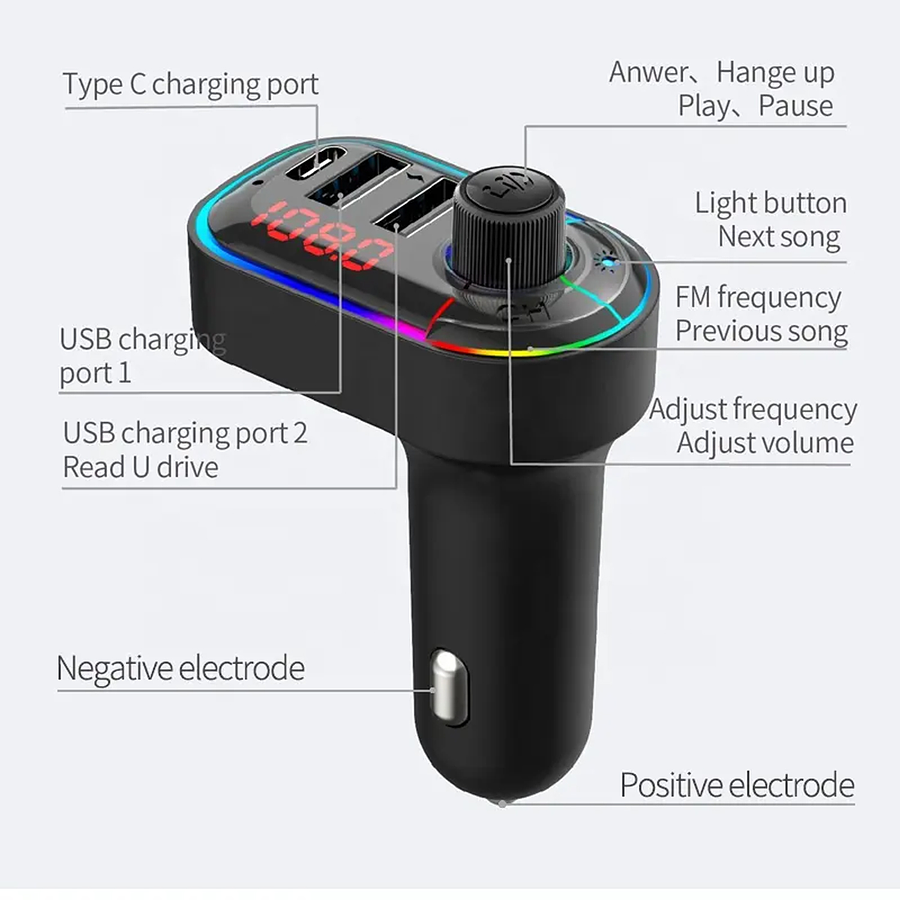 Transmisor Bluetooth Dual Usb Mp3 Type C Auto