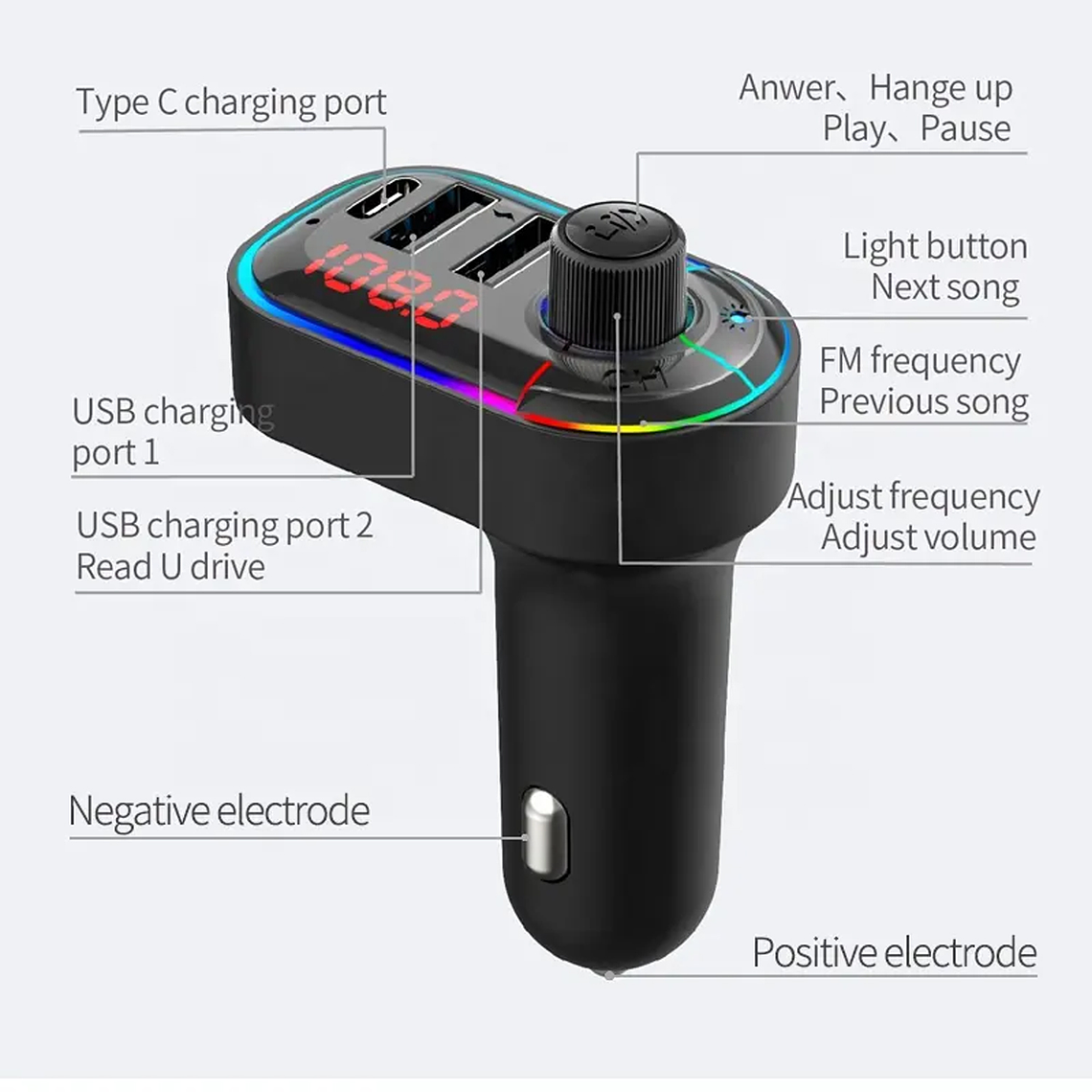 Transmisor Bluetooth Dual Usb Mp3 Type C Auto 5