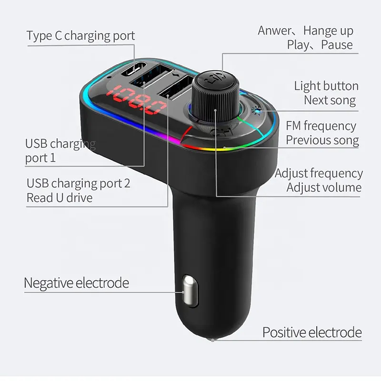 Transmisor Bluetooth Dual Usb Mp3 Type C Auto 5