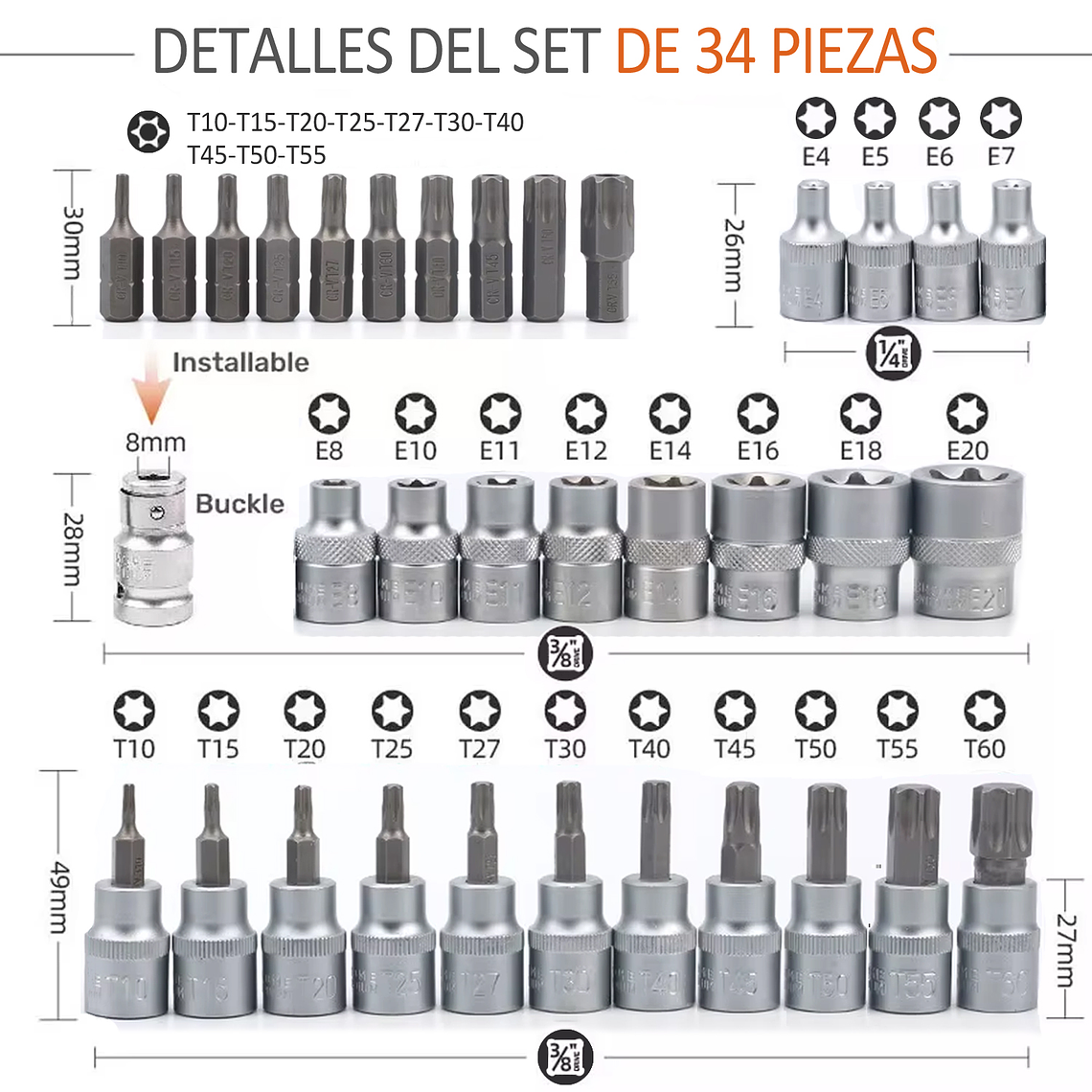 Juego Dados Torx Estrella 3/8 Hembra Macho 34 Pcs 4