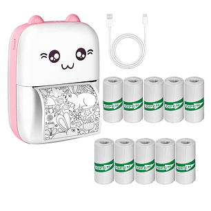 Mini Impresora Térmica Bluetooth Gatito + 10 Rollos Adhesivo