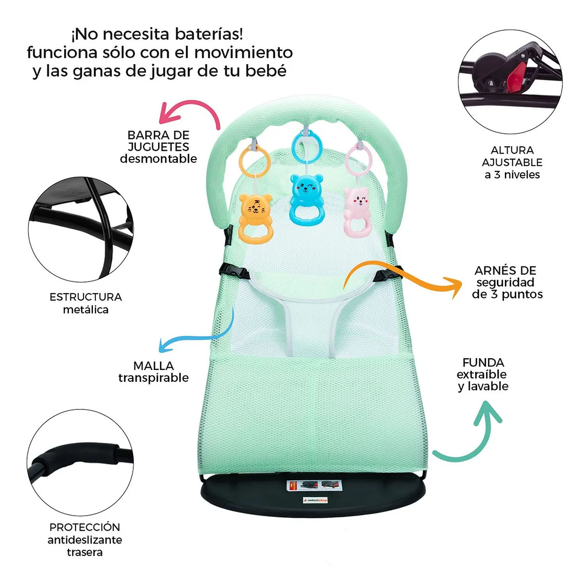 Silla Mecedora Bebe Columpio Infantil Portátil Ajustable 3