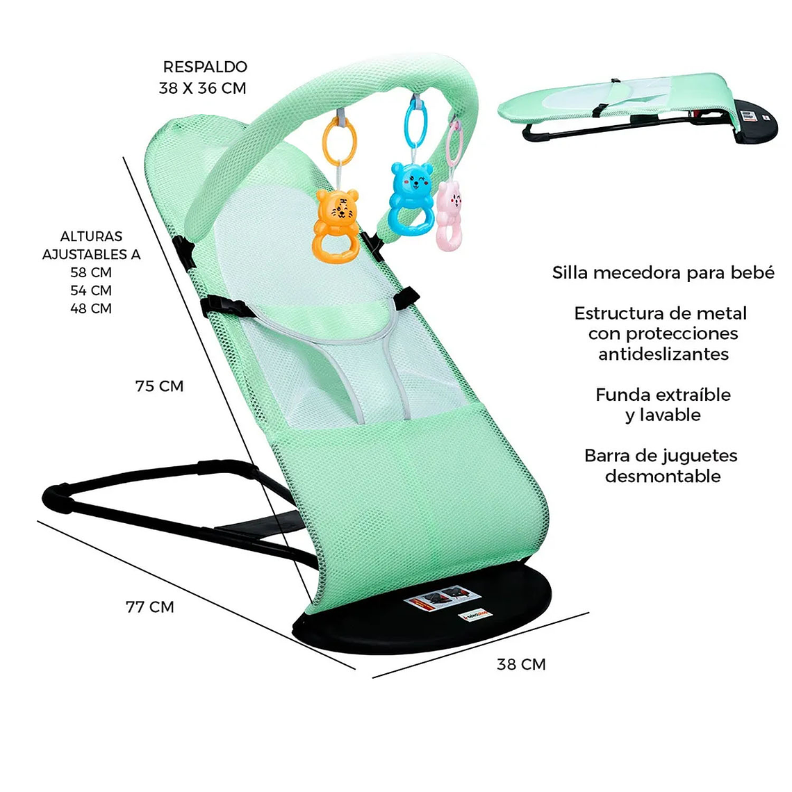 Silla Mecedora Bebe Columpio Infantil Portátil Ajustable 8