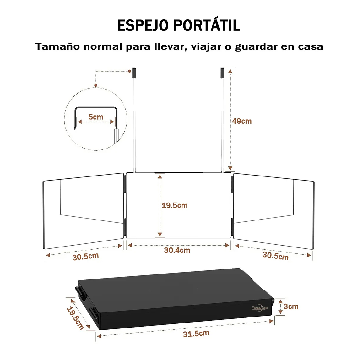 Espejo De 3 Vías De Corte De Pelo Triple De 360° Con Ganchos 8