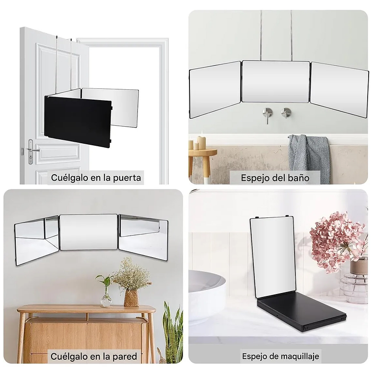 Espejo De 3 Vías De Corte De Pelo Triple De 360° Con Ganchos 6