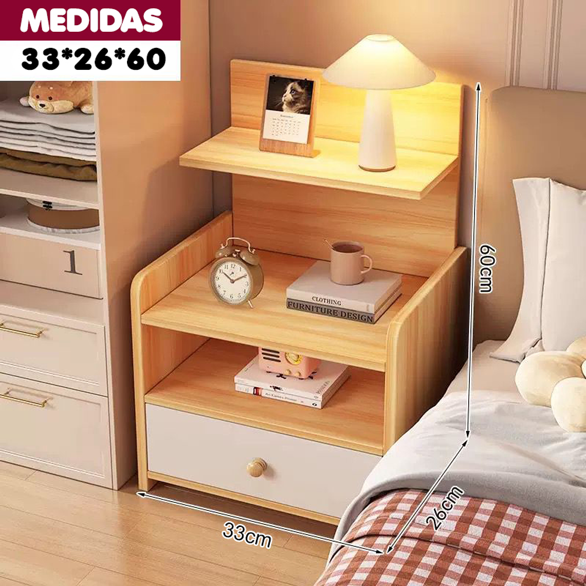 Velador Mesa De Noche 3 Niveles Con Cajon 33*26*60 Cm 7
