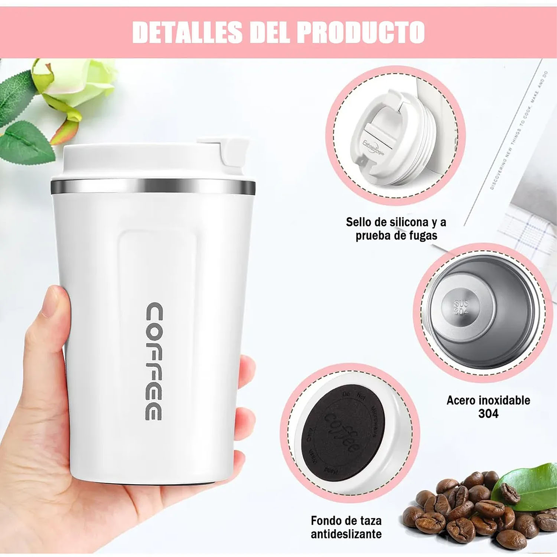 Termo Mug Café Vaso Térmico Portátil 380ml Acero Inoxidable 6