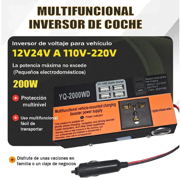 Inversor De Voltaje Auto Convertidor Corriente 200w 12v-220v 3