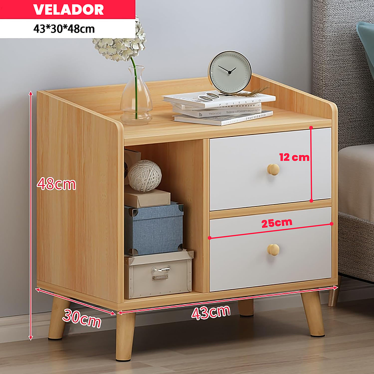 Velador 2 Cajones Mesa De Noche Retro 48x30x43 Cm 4