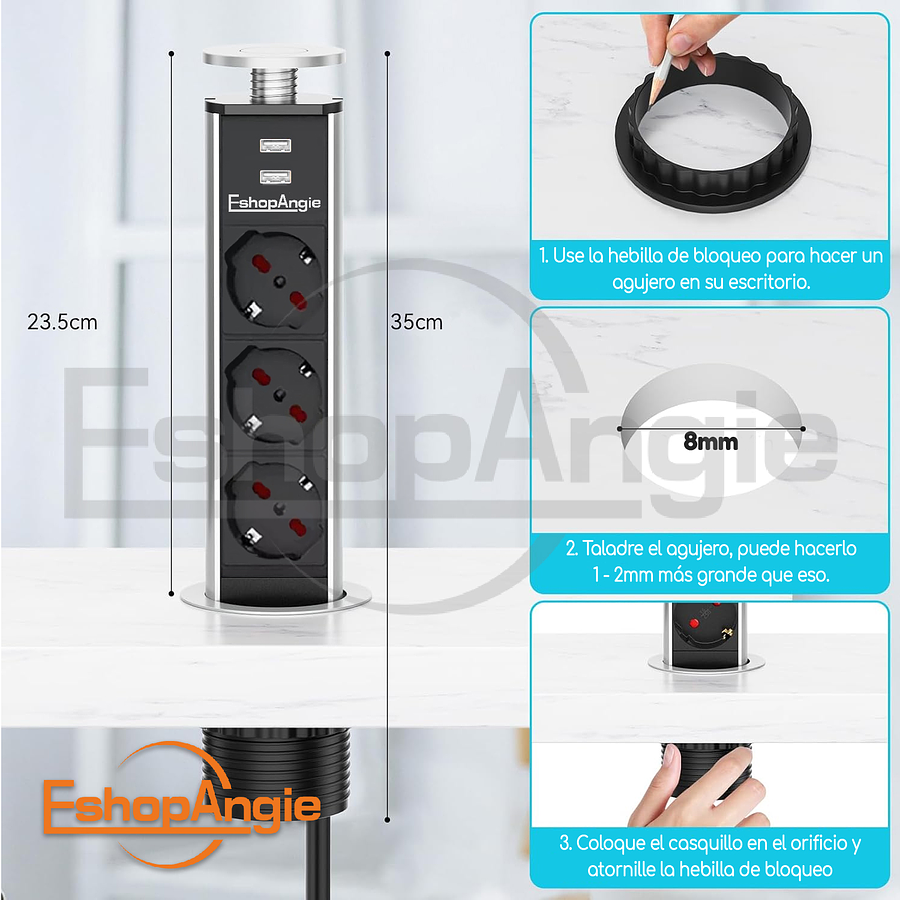 Torre Enchufe Chileno Eu 3 Enchufes 2 Usb Retráctil Muebles
