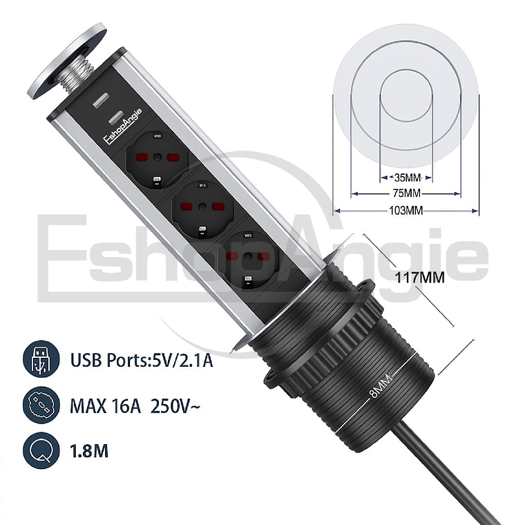 Torre Enchufe Chileno Eu 3 Enchufes 2 Usb Retráctil Muebles 5