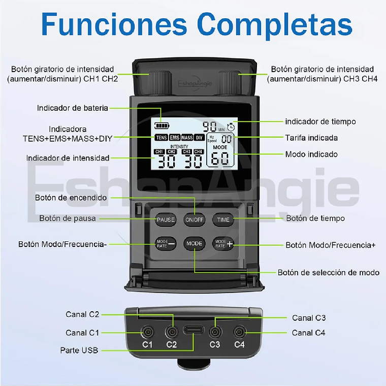 Electroestimulador Muscular Tens Ems Masaje 4 Canales 3