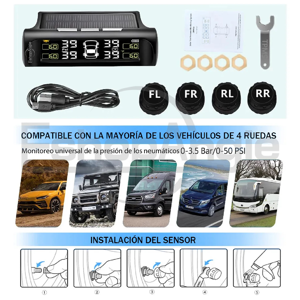 Sistema Monitoreo Presión Neumáticos Auto Tpms Solar 8