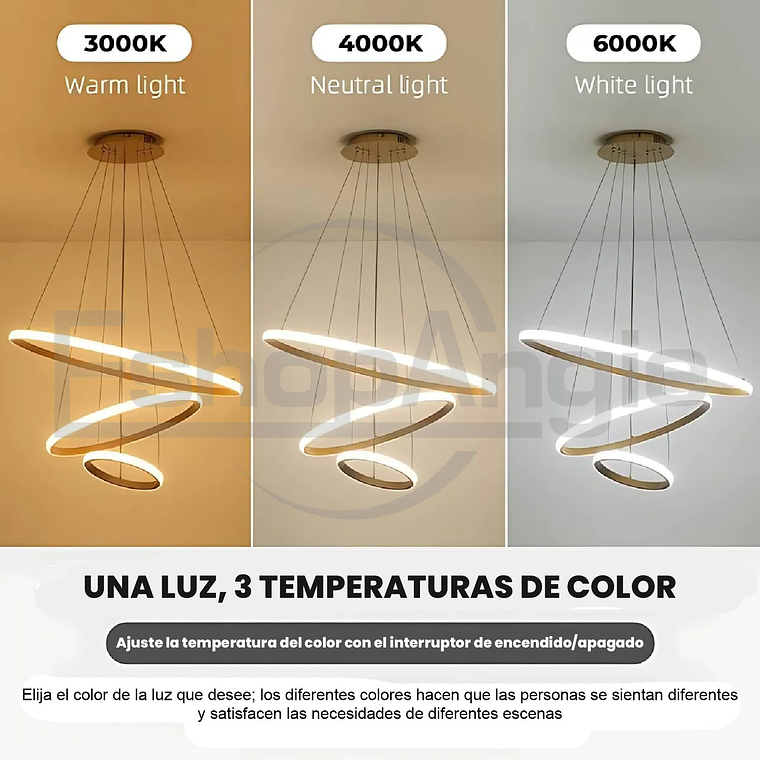 Lampara Colgante De Techo Led Moderna 3 Anillos Ajustables 2