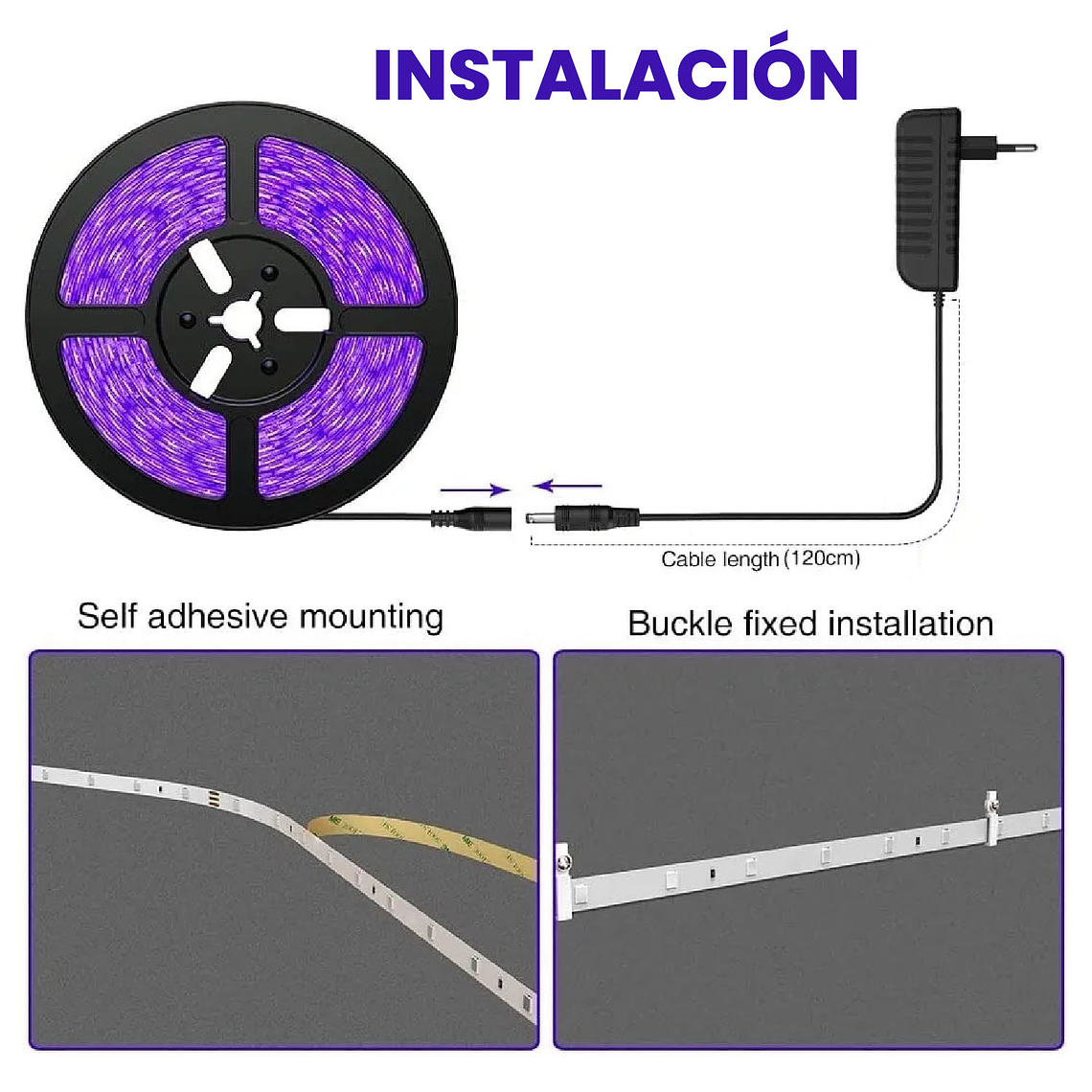 Cinta Led 12v Uv Negra Fluor Adhesiva 5mts + Adaptador 220v 4