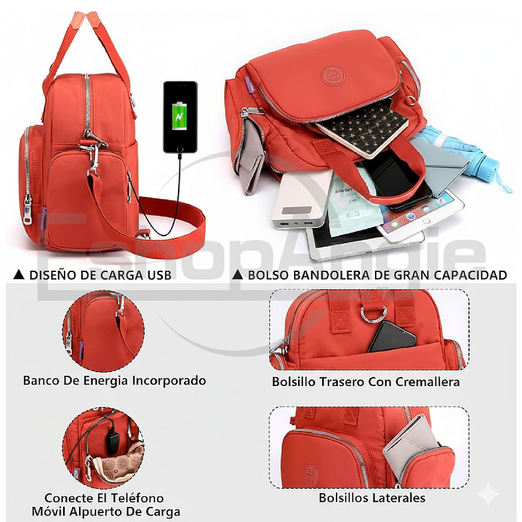 Mochila Bolso Mujer Nylon Multifuncional Con Usb Para Viaje 5