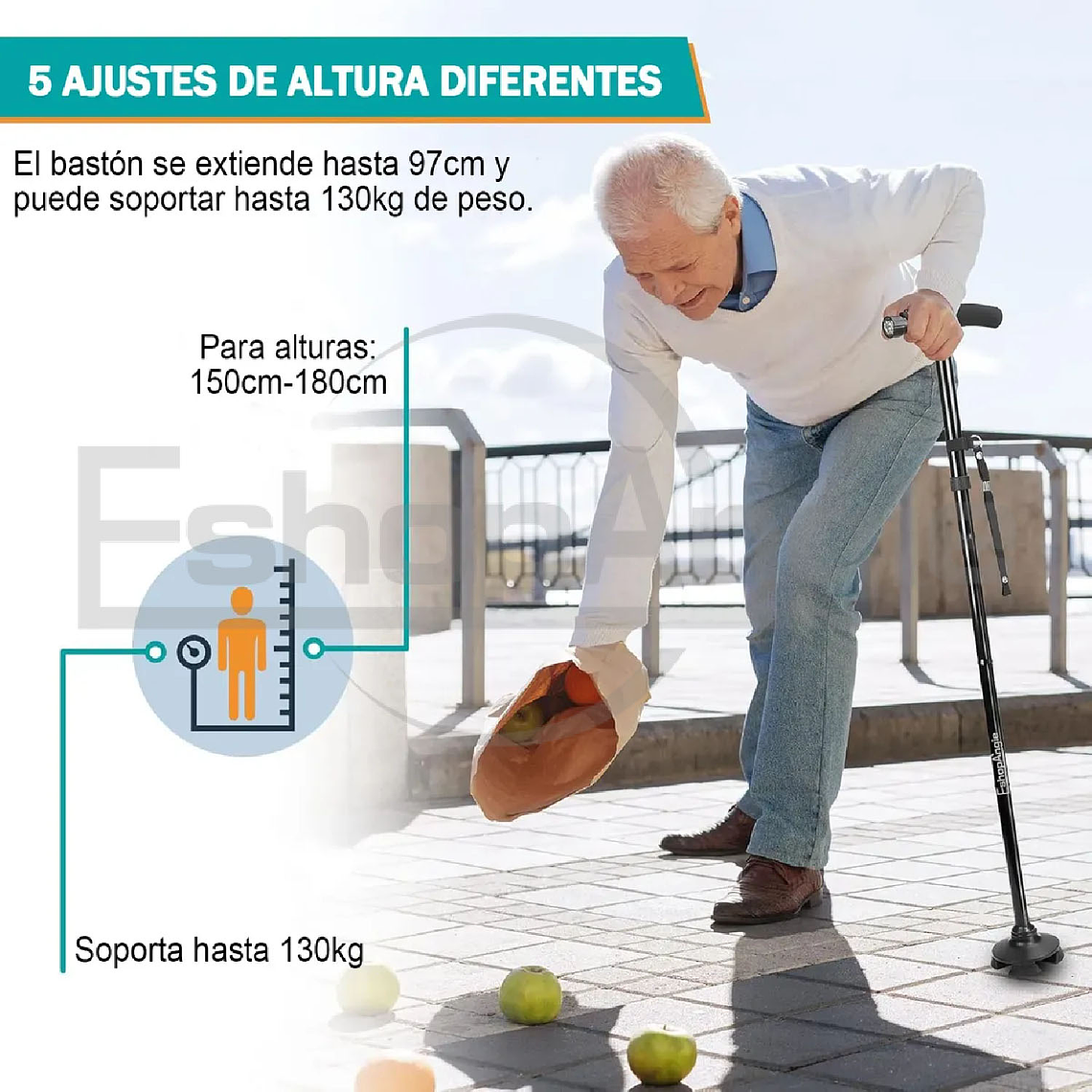 Baston Ortopedico Plegable Con Luz Led Base Adulto Ajustable 2