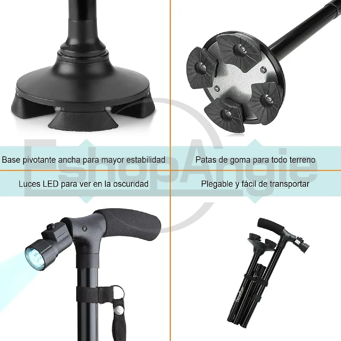 Baston Ortopedico Plegable Con Luz Led Base Adulto Ajustable 4