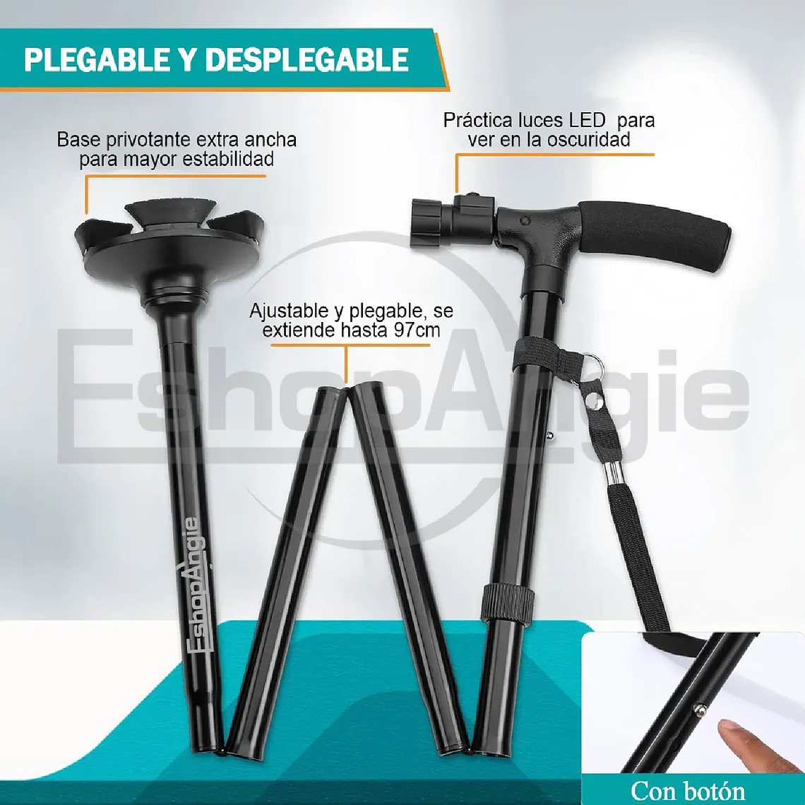 Baston Ortopedico Plegable Con Luz Led Base Adulto Ajustable 6