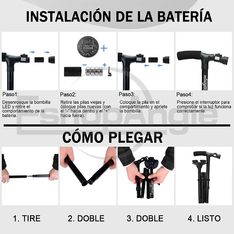 Baston Ortopedico Plegable Con Luz Led Base Adulto Ajustable 7