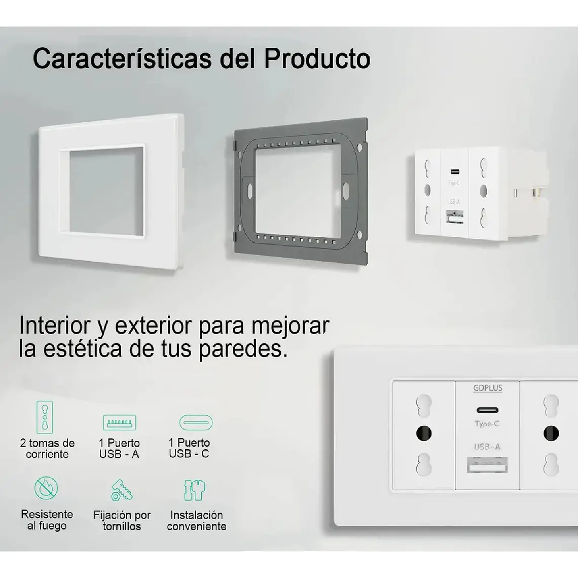 Tomacorriente Doble + Cargador Usb Y Tipo C Pared 16a 2