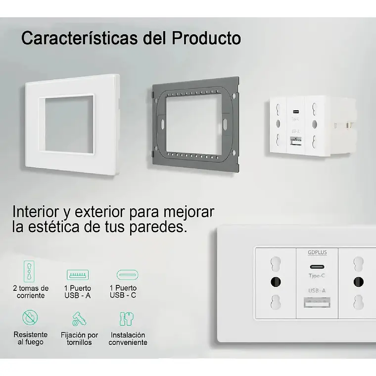 Tomacorriente Doble + Cargador Usb Y Tipo C Pared 16a 2