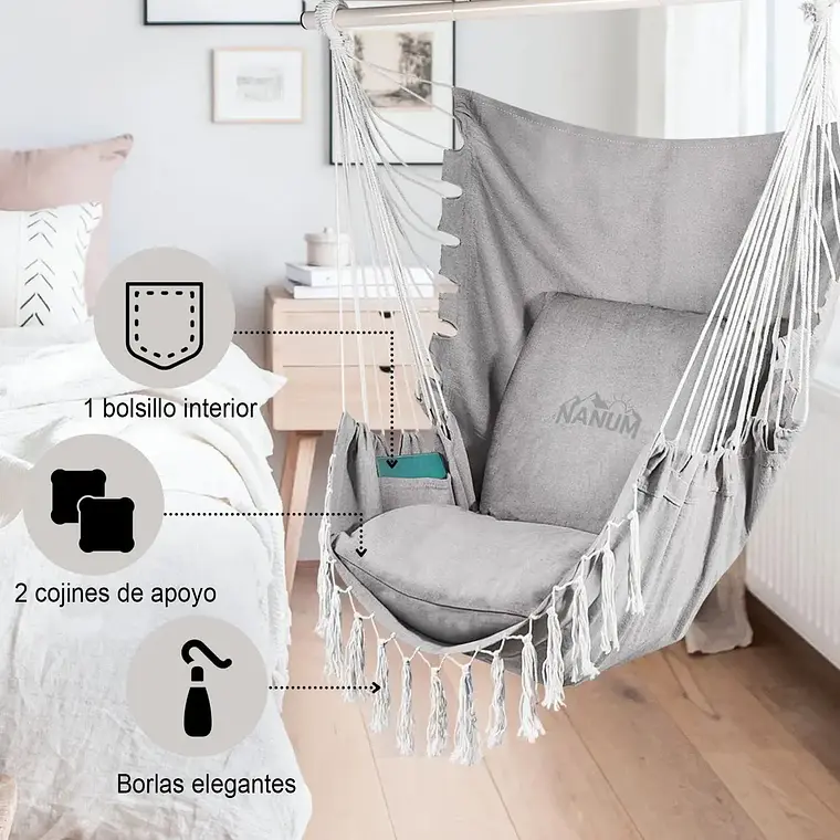 Silla Hamaca Colgante Columpio Con Cojín +kit De Instalación 5