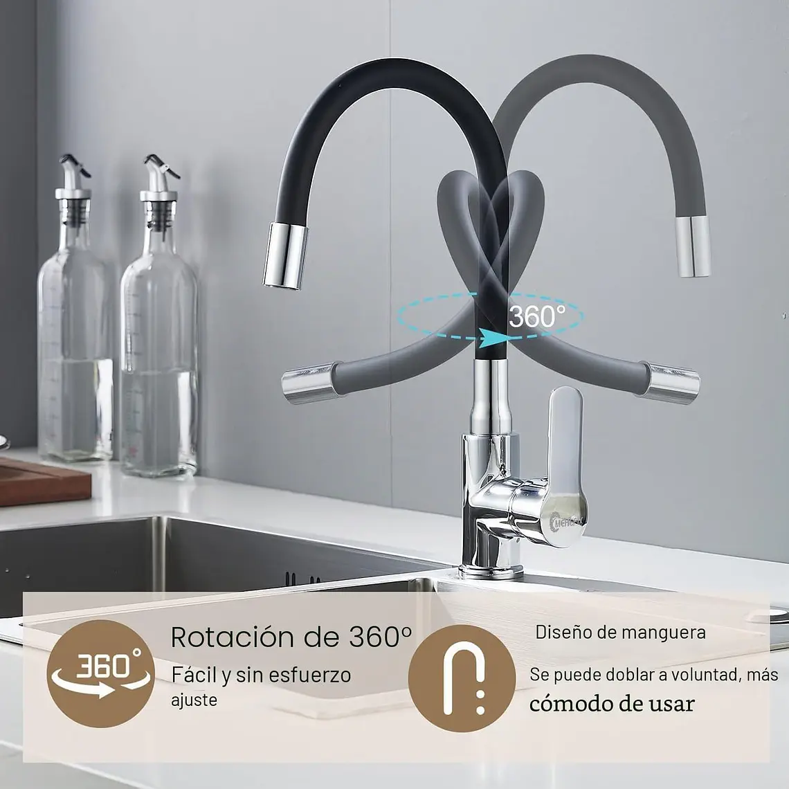 Llave Monomando Grifo De Lavaplatos Cuello Flexible De 360 3
