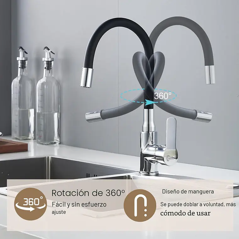 Llave Monomando Grifo De Lavaplatos Cuello Flexible De 360 3