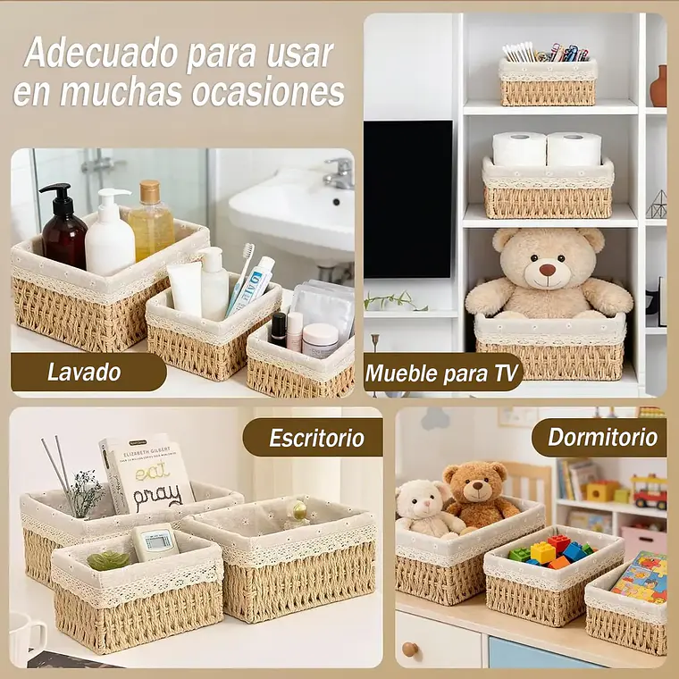 3 Cestas Canasta De Almacenamiento Organizador De Mimbre 6