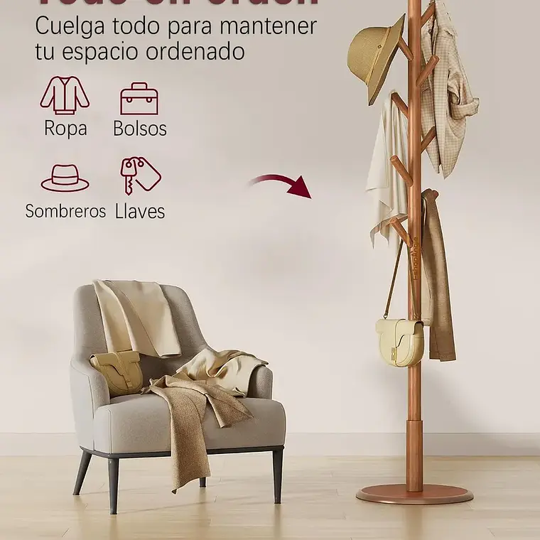 Perchero Colgador De Pie Madera 8 Ganchos Armable 172x38cm 2