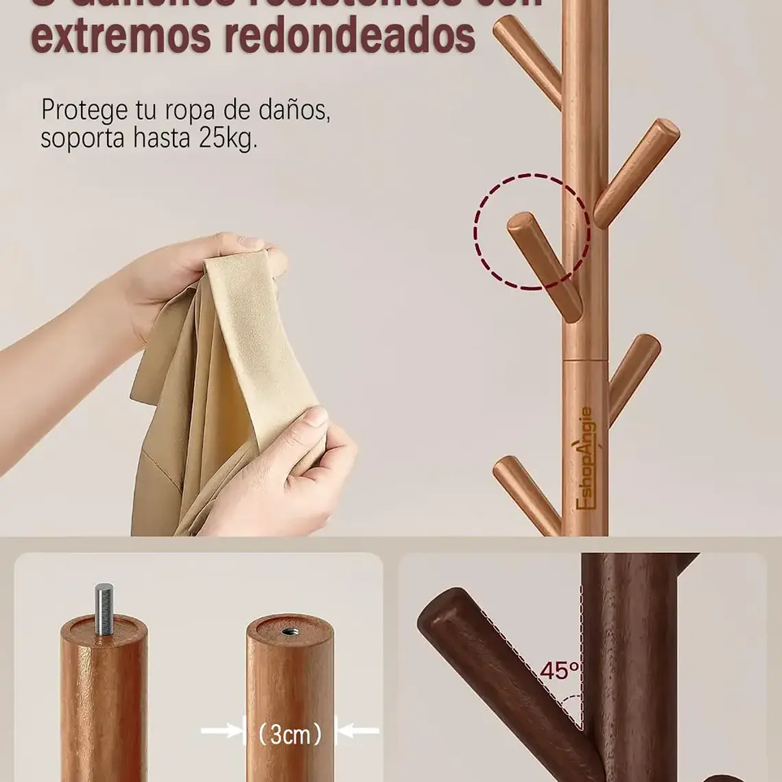 Perchero Colgador De Pie Madera 8 Ganchos Armable 172x38cm 3