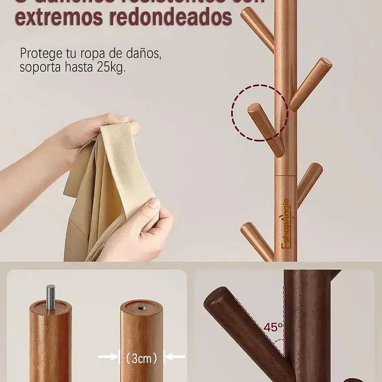 Perchero Colgador De Pie Madera 8 Ganchos Armable 172x38cm 3