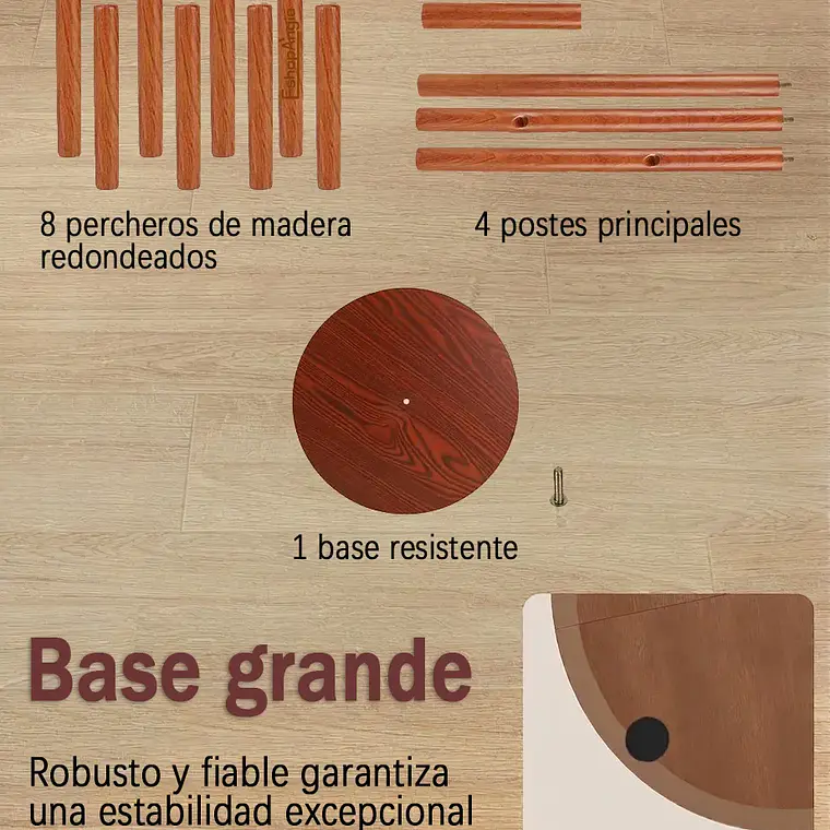 Perchero Colgador De Pie Madera 8 Ganchos Armable 172x38cm 5