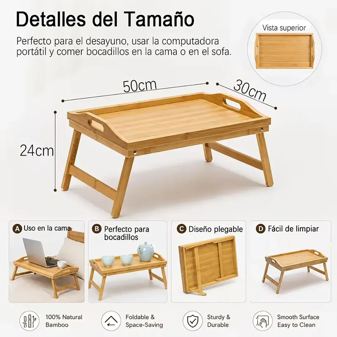 Bandeja Mesa Plegable De Bambu Para Cama Desayuno Notebook 7