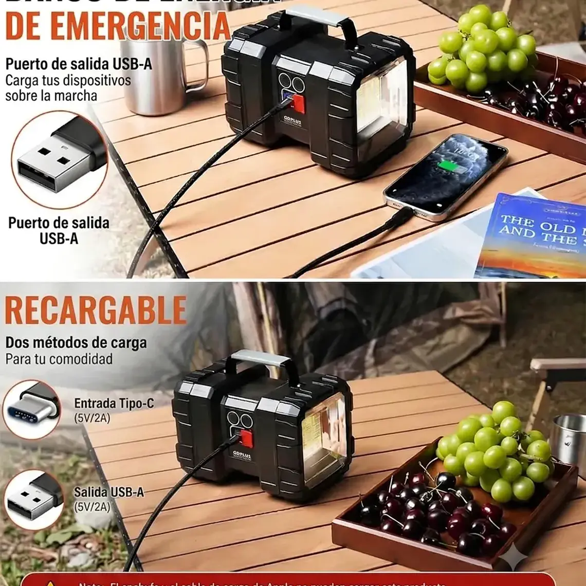 Linterna Recargable Doble Cabeza Led Multiuso Emergencia 3