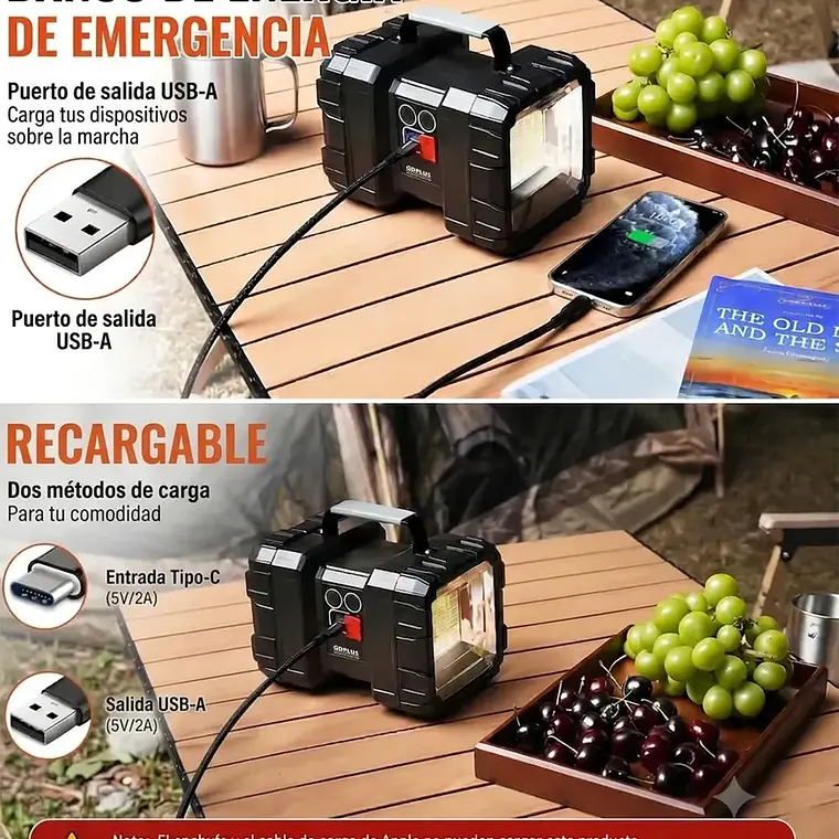 Linterna Recargable Doble Cabeza Led Multiuso Emergencia 3