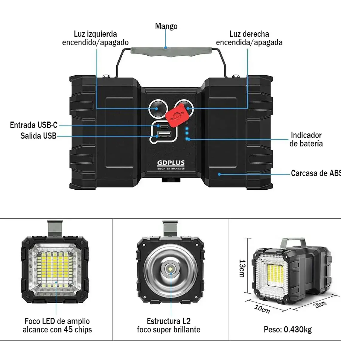 Linterna Recargable Doble Cabeza Led Multiuso Emergencia 7