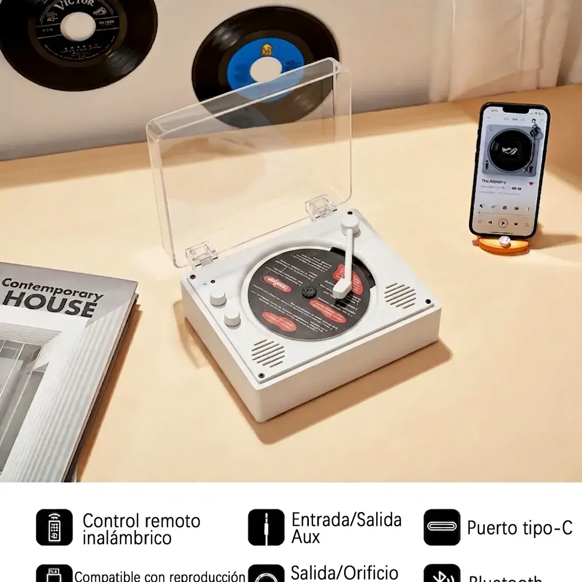 Reproductor De Disco Bluetooth Usb Portátil Retro 4