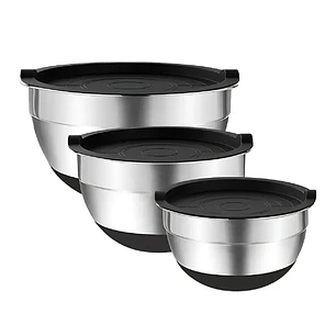 3 Bowls Con Tapa Acero Inoxidable Y Base Antideslizante